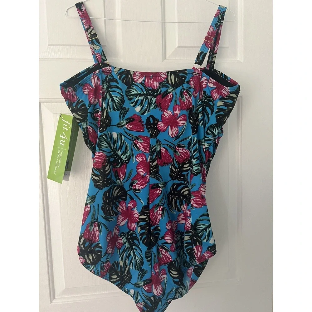 Fit 4 U V-Neck One-Piece AMulticolor Tropical Swimsuit‎ Sz 24W NWT